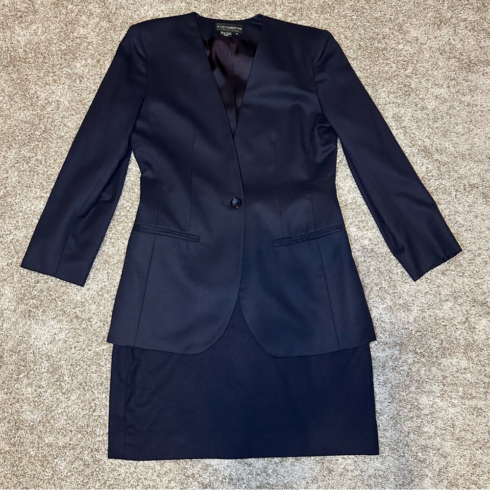 Vintage Navy Wool Skirt Suit, Size 10